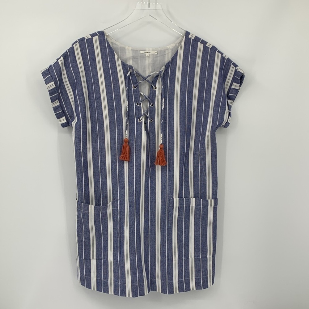 Tularosa Warren striped mini dress cotton lace-up tassels blue white cotton S - Picture 2 of 5